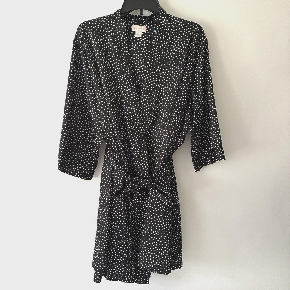 Cabernet Sleepwear XL Black White Polka Dot Satin Robe & Gown Set Glamour Silky